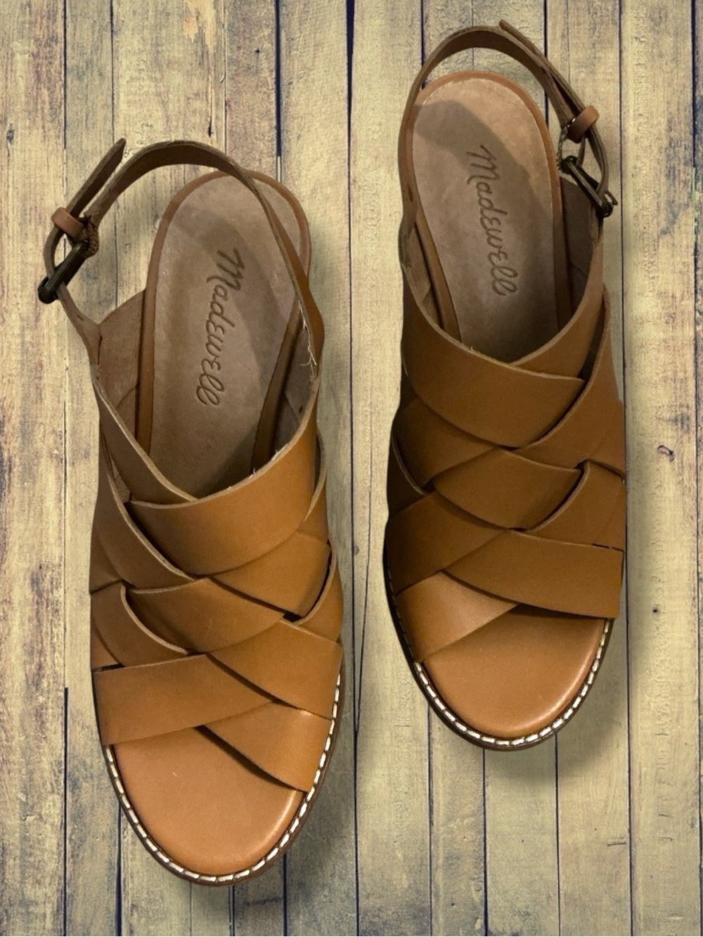 🌺Madewell Cindy Tan Leather Crisscross Stacked Heel Sandals - Picture 3 of 9